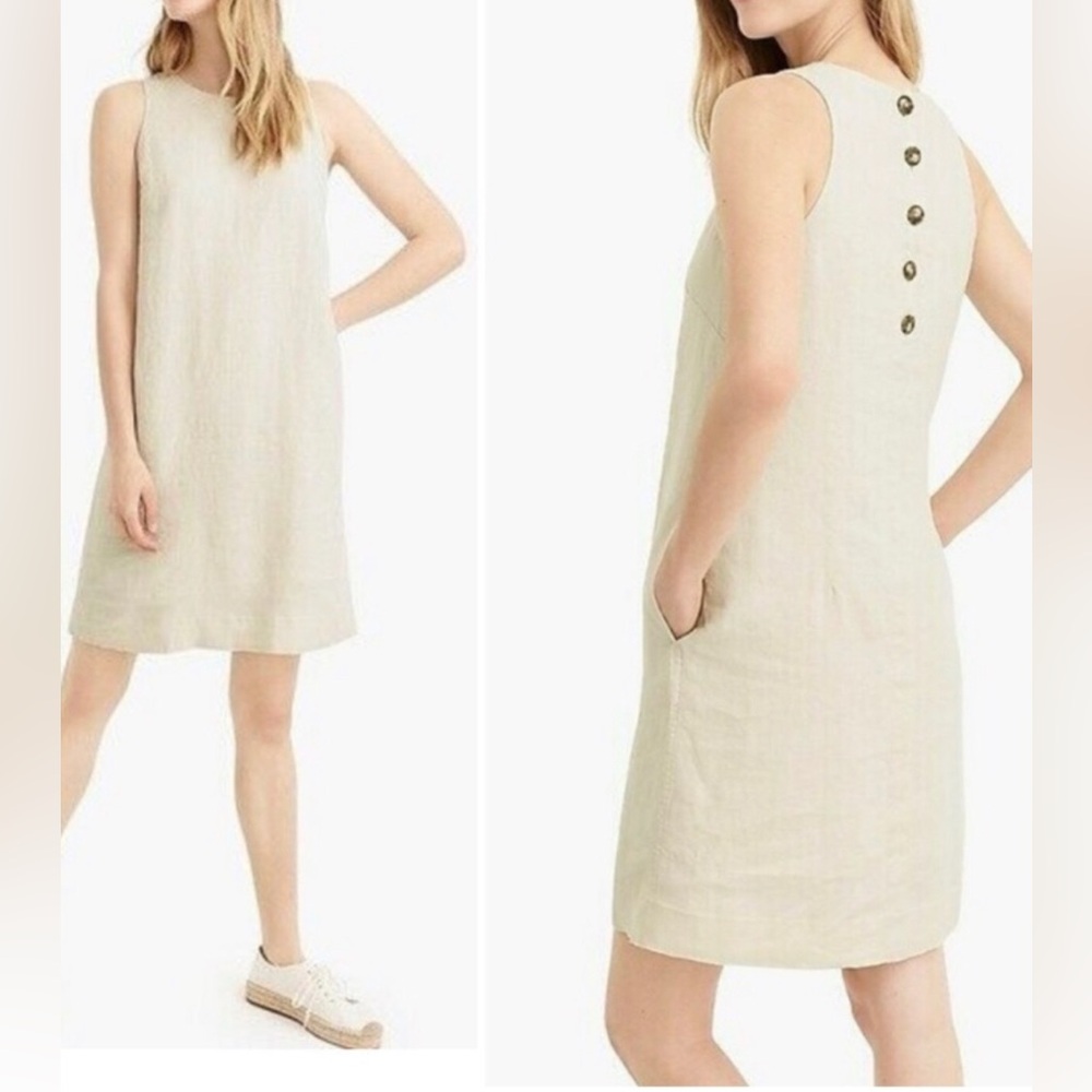 J Crew 100% Linen Maxine Button Back Mini Dress Size XS Raw Oat Pockets